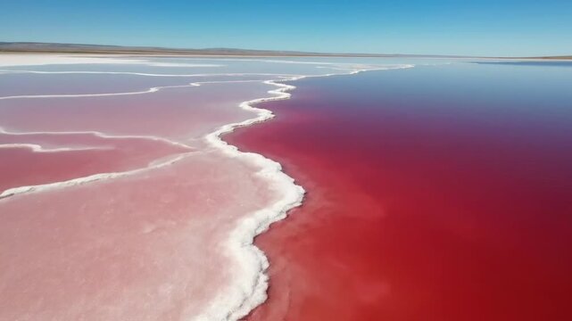 Vibrant pink and red saltwater lake with white salt deposits under clear blue sky.