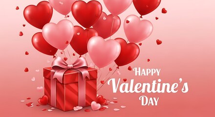 Colorful celebration of valentine's day with heart-shaped balloons and a gift box