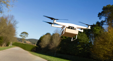 A delivery drone carries a cardboard box parcel