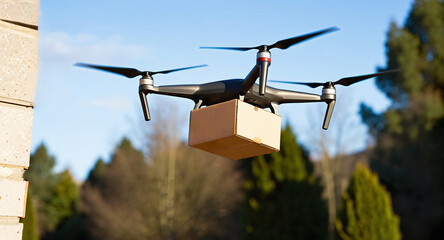 A delivery drone carries a cardboard box parcel