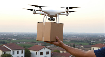 A delivery drone carries a cardboard box parcel