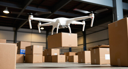 A delivery drone carries a cardboard box parcel