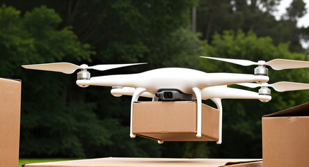 A delivery drone carries a cardboard box parcel