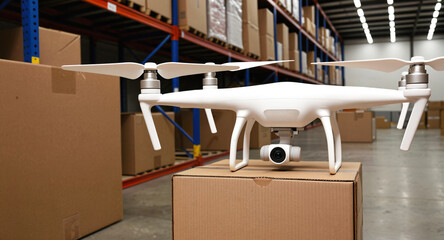 A delivery drone carries a cardboard box parcel