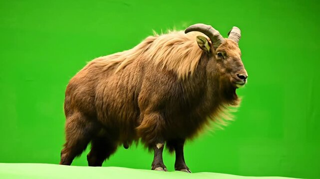 A shaggy brown takin, a large goat-antelope, standing against a vibrant green background.