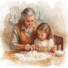 Grandmother and granddaughter baking together with flour and dough