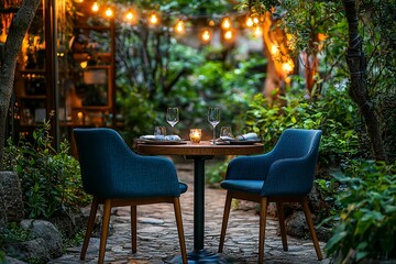 Obraz premium Romantic outdoor dining setup for two in a beautiful garden at night Generative AI