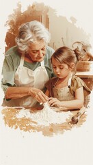 Grandmother and child learning to bake with flour on a kitchen table