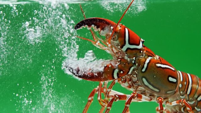 A vibrant orange and white lobster underwater, with numerous bubbles rising around its claws and body against a green background.