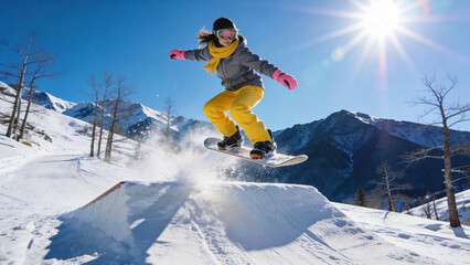 Young Female Snowboarder Performing a Jump off a Snow Ramp in Sunny Winter Mountains