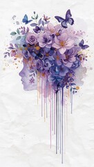 Silhouette woman profile with purple flowers and butterflies in hair