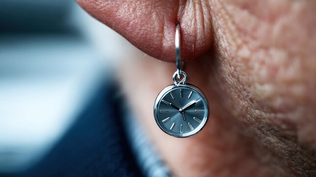 Man showcases unique style with mismatched clock and key earrings at a lively urban street event in the afternoon. National Silly Earring Day