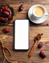 Smartphone with blank screen on wooden table with dates and coffee suitable for ramadan mockup