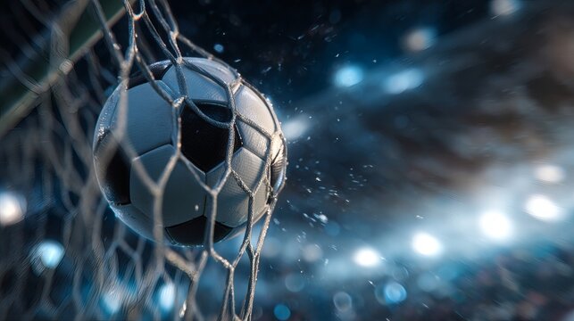 Close-up of a soccer ball hitting the net during a goal. Concept of victory, scoring, competition and football success.