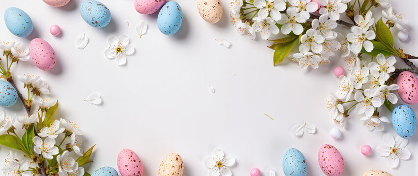 Pastel speckled Easter eggs and delicate white blossoms frame a clean white background, creating a fresh, elegant spring holiday composition.