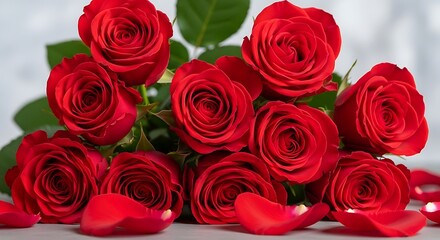 A vibrant bouquet of deep red roses arranged beautifully in a cluster.