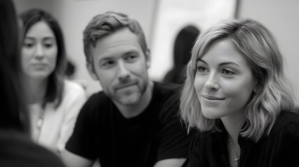 Obraz premium Three professionals engaged in a collaborative discussion in a modern office setting black and white