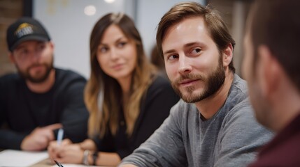 Fototapeta premium Professionals engaged in a focused discussion during a collaborative meeting in a modern office emphasizing teamwork and ideas