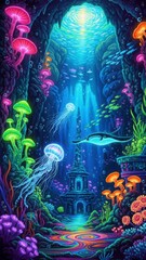 Obraz premium Enchanted Underwater Wonderland: A vibrant, fantastical underwater world filled with bioluminescent jellyfish, coral, and glowing flora, showcasing the magic of the ocean depths.