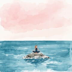 Woman meditating on a rock in the ocean, calm water, pink sky, watercolor style
