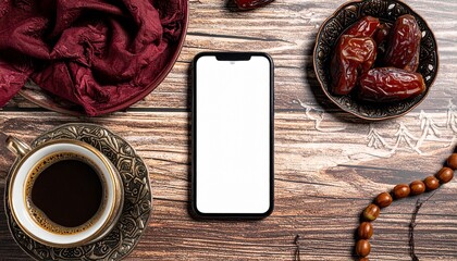 Smartphone with blank screen on wooden table with dates and coffee suitable for ramadan mockup