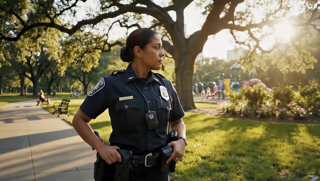 Female police officer standing confidently in a serene park environment during sunrise