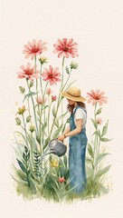 Woman watering tall zinnias in a garden, straw hat, denim overalls, watercolor style