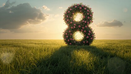 Large number 8 formation of pink roses in a sunlit grassy field at sunset