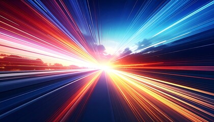 Vibrant abstract light streaks radiate from a central point