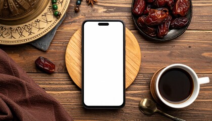 Smartphone with blank screen on wooden table with dates and coffee suitable for ramadan mockup