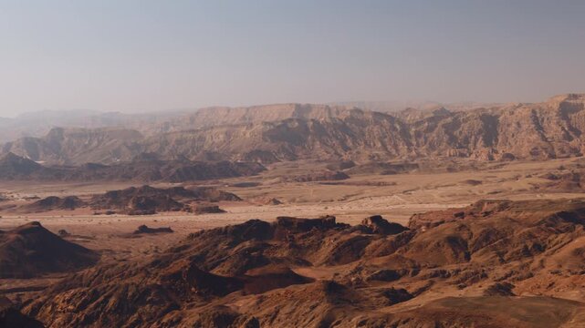 Panorama of the desert of Timna National Park in southern Israel. Travel and adventure in Israel. Desert nature.