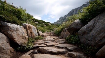 A scenic winding stone path ascends through a rocky alpine landscape under a cloudy sky
