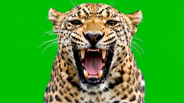 Close-up shot of a ferocious leopard roaring and showing its teeth against a green screen background