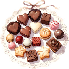 Assorted bonbon chocolates on lace with white ribbon watercolor illustration