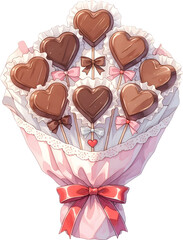 Heart shaped chocolate bouquet wrapped with ribbon watercolor illustration