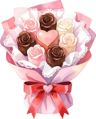 Bouquet of rose shaped chocolates wrapped with ribbon for Valentine gift watercolor illustration