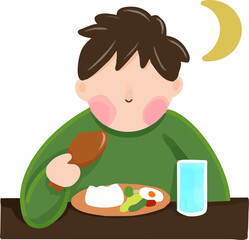 illustration of a Muslim boy eating sahur