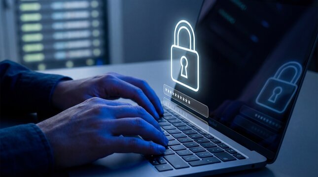 Hands typing on laptop with glowing padlock icons on screen in dark room with computer in background