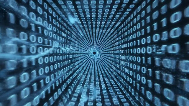A vortex of blue binary code swirls towards a central point of light