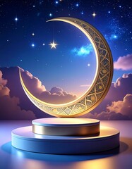 Ramadan crescent moon with podium stage display 3D Islamic holy month night sky product mockup