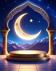 Ramadan crescent moon with podium stage display 3D Islamic holy month night sky product mockup