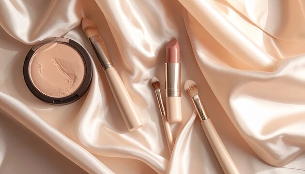 Flatlay with makeup brushes, nude lipstick, compact powder, and silk fabric under warm diffuse lighting. Semi-realistic scene emphasizing elegance, soft textures, and a refined beauty aesthetic.
