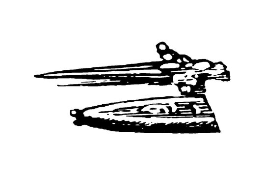 A slender, sharply pointed dagger with ornate hilt and guard, showing personal weapon design and close-combat utility, old vintage illustration, 1897