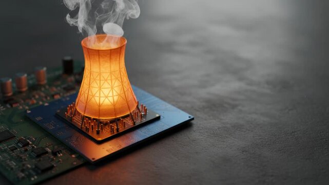 Intense Glowing Processor With Cooling Tower Steam Rising Shows Massive AI Computing Power Global Energy Crunch Reality