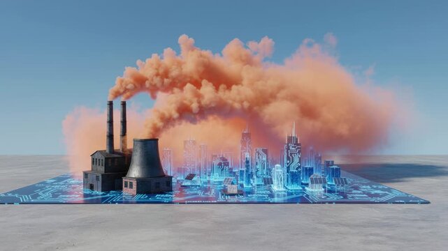 Conceptual Heavy Industrial Factory Smoke Cloud Overwhelms Future City In Global AI Energy Crunch And Toxic Pollution Crisis