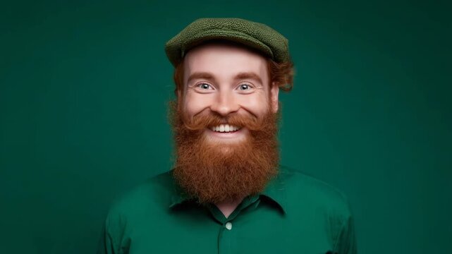 Surprised caucasian male with red beard and green cap on green background