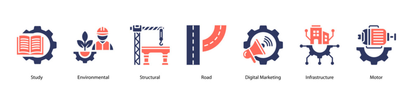 Modern Engineering Fields web banner icon vector illustration featuring Study, Environmental, Structural, Road, Digital Marketing, Infrastructure, and Motor.