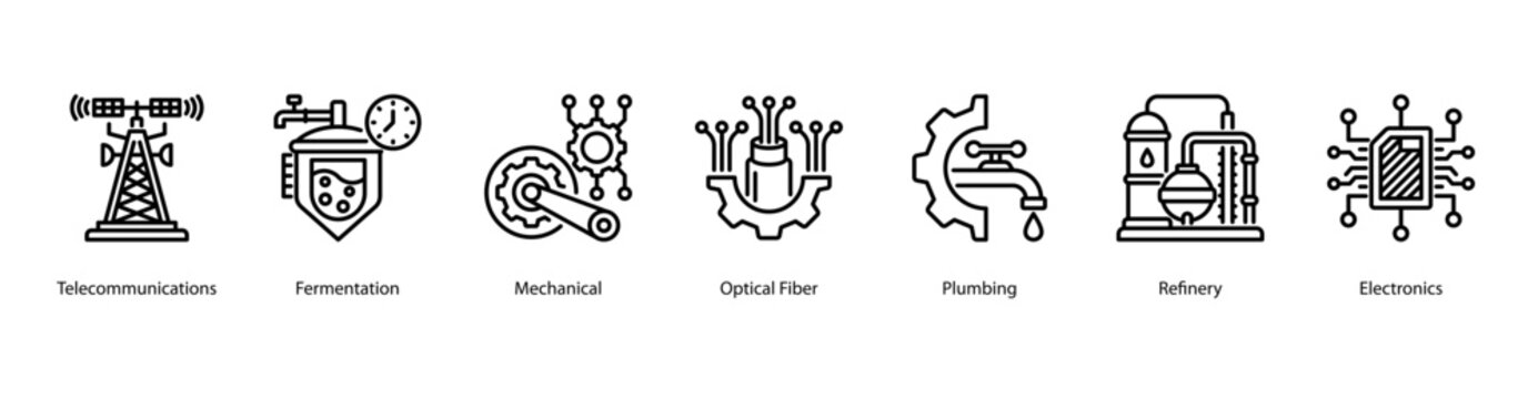 Industrial Communication and Processing web banner icon vector illustration featuring Telecommunications, Fermentation, Mechanical, Optical Fiber, Plumbing, Refinery, and Electronics.