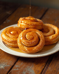 Fototapeta premium honey buns, sweet pastry, cinnamon roll pastry, donut pastry, glazed pastry, breakfast treat, bakery pastry, soft baked pastry, sweet roll, sticky bun, dessert pastry, morning snack, sweet breakfast, 