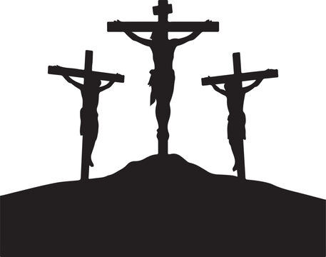 Crucifixion of Jesus Christ on Hill with Two Thieves Silhouette white background